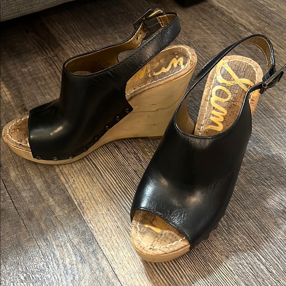 Sam Edelman Black and Tan Wedge Sandals